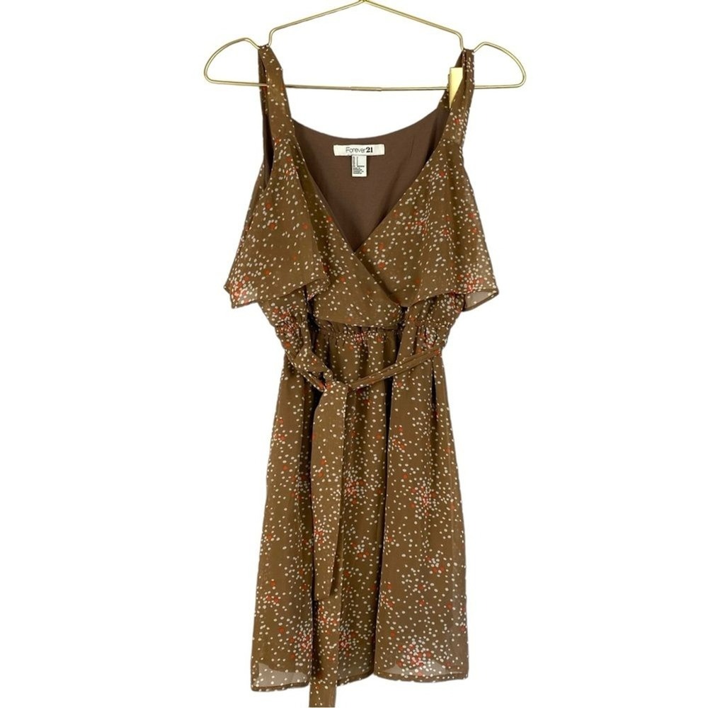 Boho Polka Dot‎ Wrap Dress Womens S Brown Ruffle Tie Waist Mini Summer 280